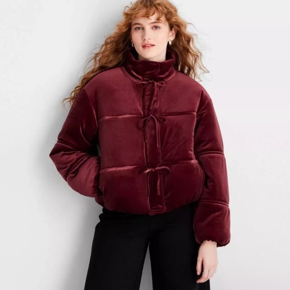 Future Collection Red Velvet Puffer Jacket with High Collar